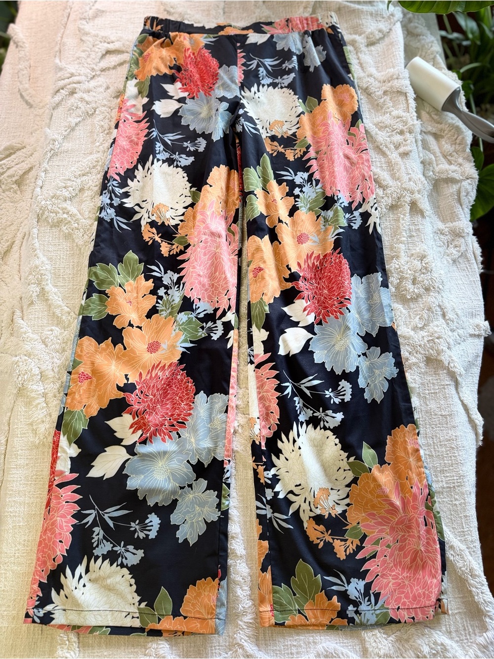RD + Koko Floral Wide Leg Pants Black Multicolor Elastic Waist